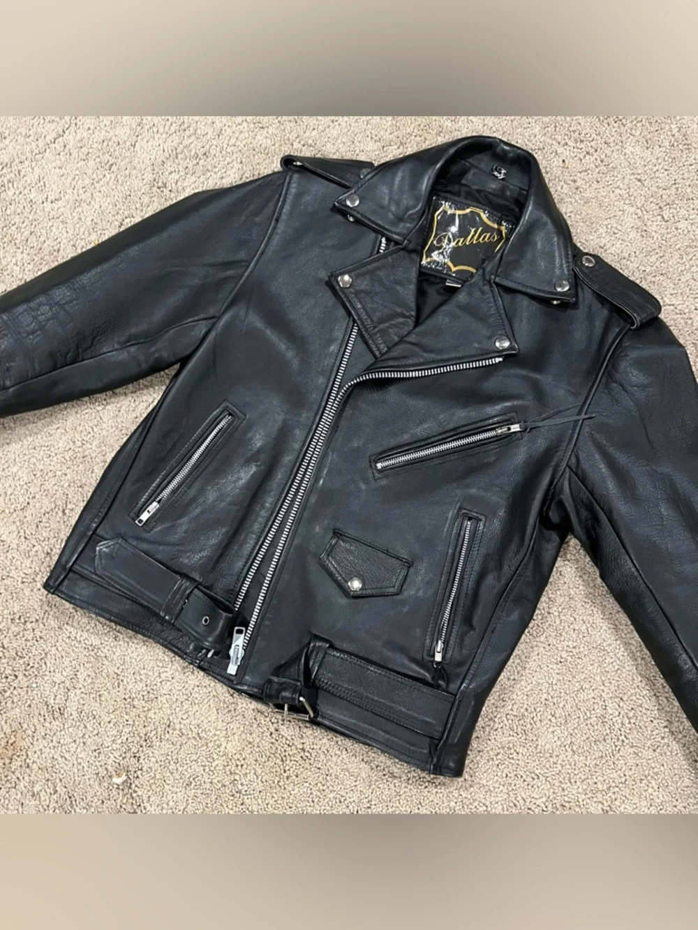 DALLAS Premium 100% Cowhide Leather Classic Black Moto Jacket Silver Hardware - Picture 3 of 14